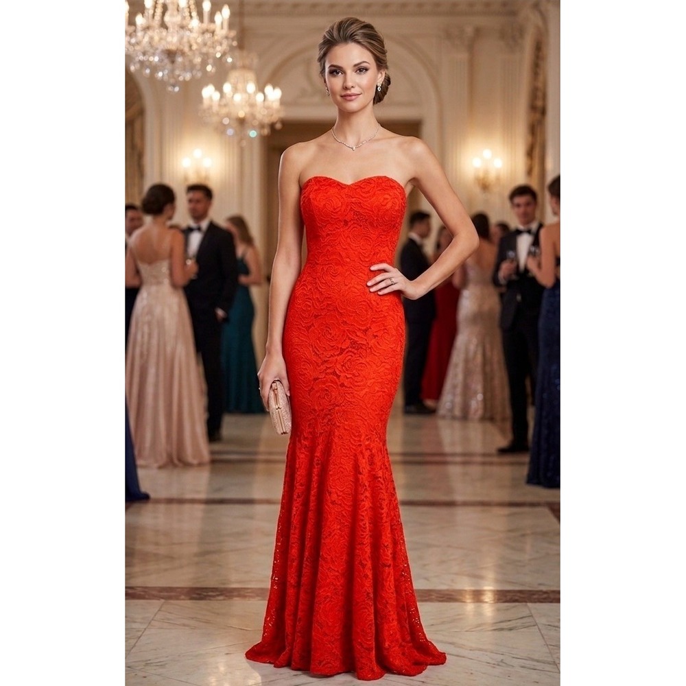 Vintage Cache Fire Red Rose Lace Strapless Y2K Mermaid Gown 2 Formal Dress USA